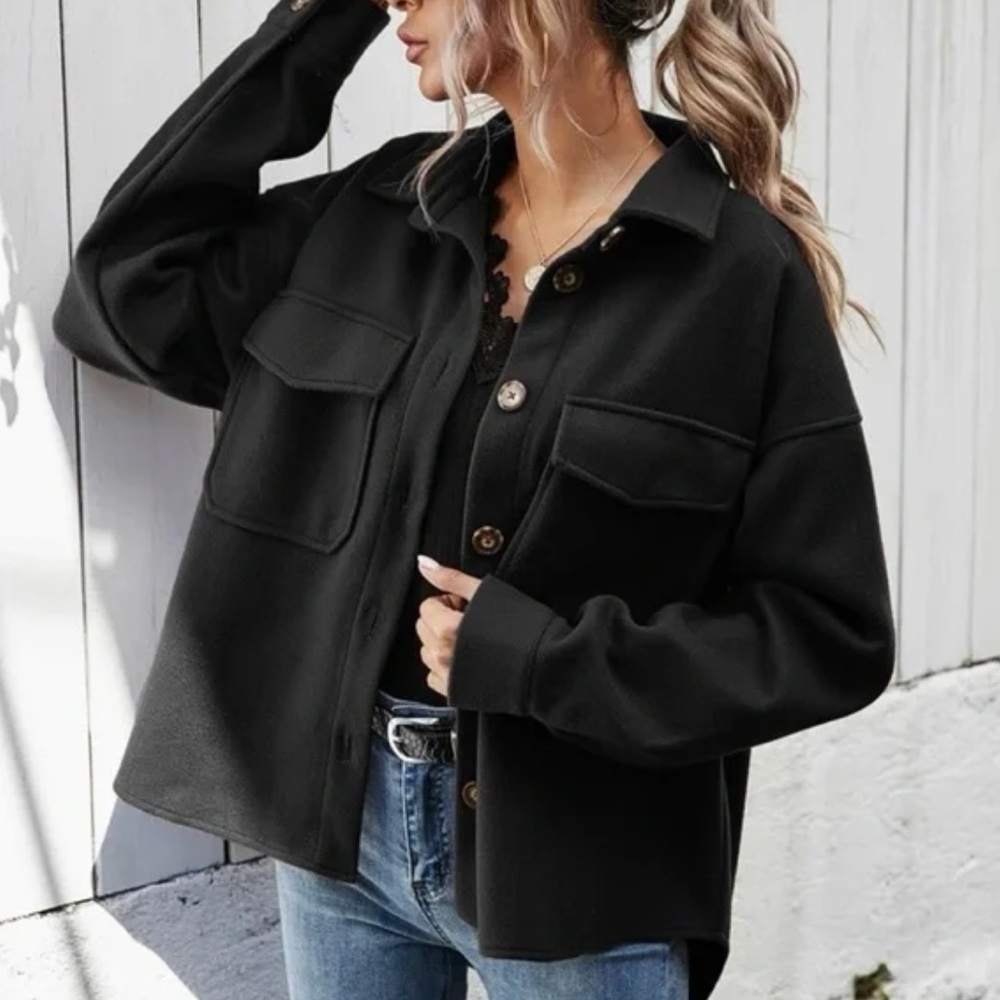 Boyfriend fit button up oversized shacket jacket black